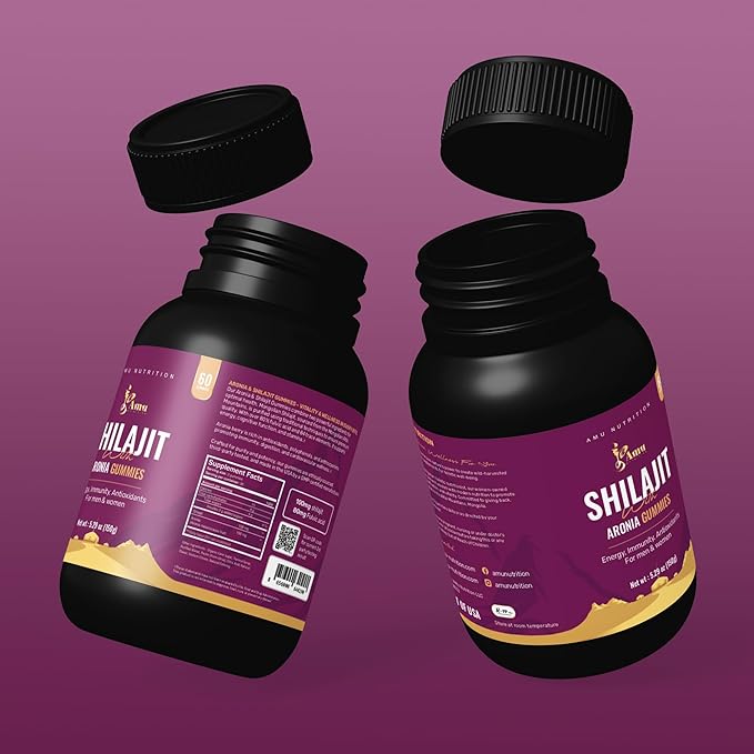 AMU NUTRITION Shilajit Gummies for Men & Women with Aronia Berries Fulvic Acid & 85+ Trace Minerals I Men,Women I Non-GMO I Lab Tested I 100% Natural I 60 Gummy (60 Count (Pack of 1), Aronia Berries)