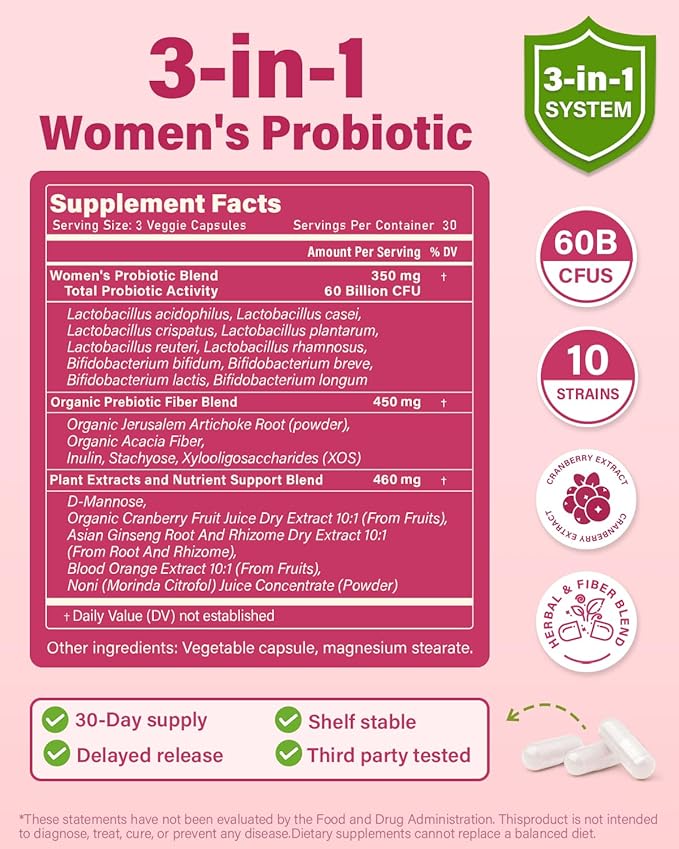 Probiotics and Organic Prebiotics for Women pH Balance & Digestion- 60 Billion CFU Vaginal Probiotics with Cranberry D-Mannose, Vegan & Non-GMO for Urinary Tract & Immune | 90 Caps