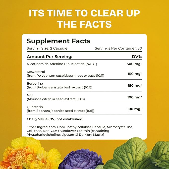 Liposomal NAD Supplement for Women w/Noni | 5-in-1 NAD Resveratrol Supplement w/Berberine & Quercetin | Pure NMN Powder Alternative | Supports Anti Aging & NAD+ Levels | 120 caps - 2 Packs