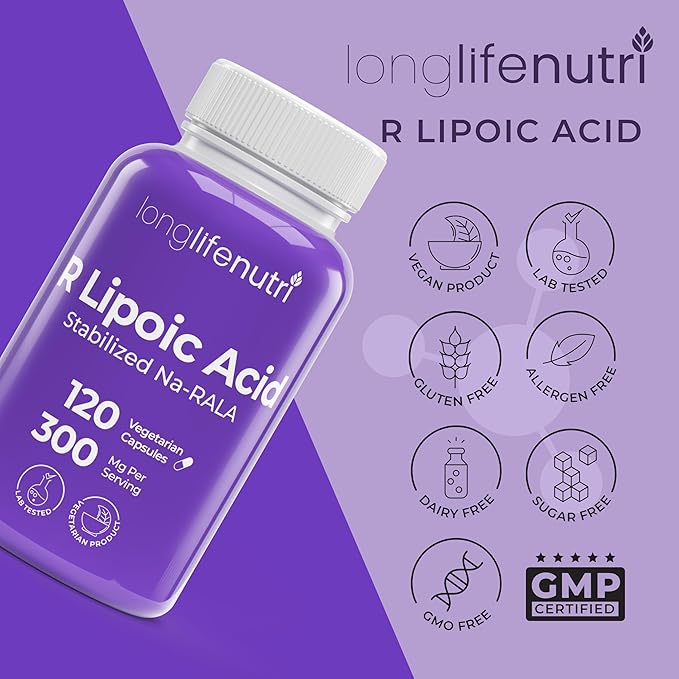 LongLifeNutri Stabilized R-Alpha Lipoic Acid 300mg – High Potency Na-RALA Supplement for Cellular Energy & Metabolic Function, 120 Vegetarian Capsules, 4-Month Supply, GMP Certified, Made in USA