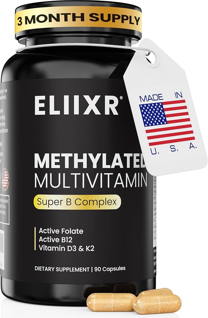 Eliixr Methylated Multivitamin, 3 Month Supply, 90 Capsules,1500 mcg of Active Folate, Methylated B12, Vitamin A, C, K2, D3, E, Choline, Biotin, ALA, CoQ10, B-Complex and More. Made in The USA