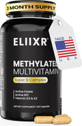 Eliixr Methylated Multivitamin, 3 Month Supply, 90 Capsules,1500 mcg of Active Folate, Methylated B12, Vitamin A, C, K2, D3, E, Choline, Biotin, ALA, CoQ10, B-Complex and More. Made in The USA