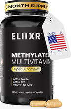 Eliixr Methylated Multivitamin, 3 Month Supply, 90 Capsules,1500 mcg of Active Folate, Methylated B12, Vitamin A, C, K2, D3, E, Choline, Biotin, ALA, CoQ10, B-Complex and More. Made in The USA