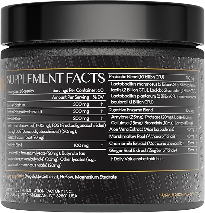Formulation Factory Gut Intellect 10-in-1 Microbiome Supplement, Prebiotics, Probiotics, Postbiotics, Colostrum, Collagen, Aloe Vera, Chamomile, Ginger, Enzymes, Digestive, 240 Caps (2 Pack)