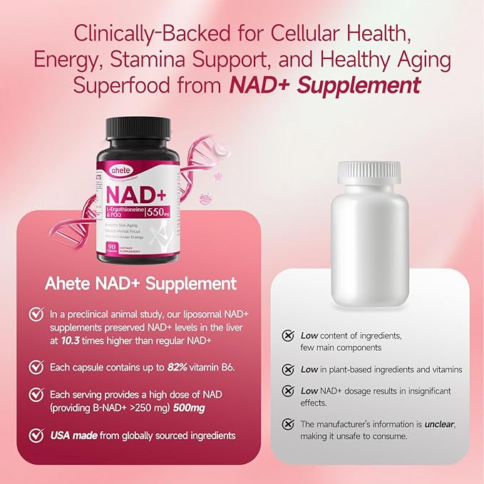 NAD Supplement for Women and Men - Advanced Liposomal NAD+ Nicotinamide Riboside with PQQ Supplement and L-Ergothioneine - NAD Plus Immune Support Supplements - Healthy Aging - 180 Capsules