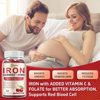 Iron Gummies Supplement for Women, Men & Kids, Iron 65mg with 250mg Vitamin C B6 B12 Folate Healthy Blood, Energy & Immune Support Gentle on Stomach Ferrous Fumarate, 120 Count