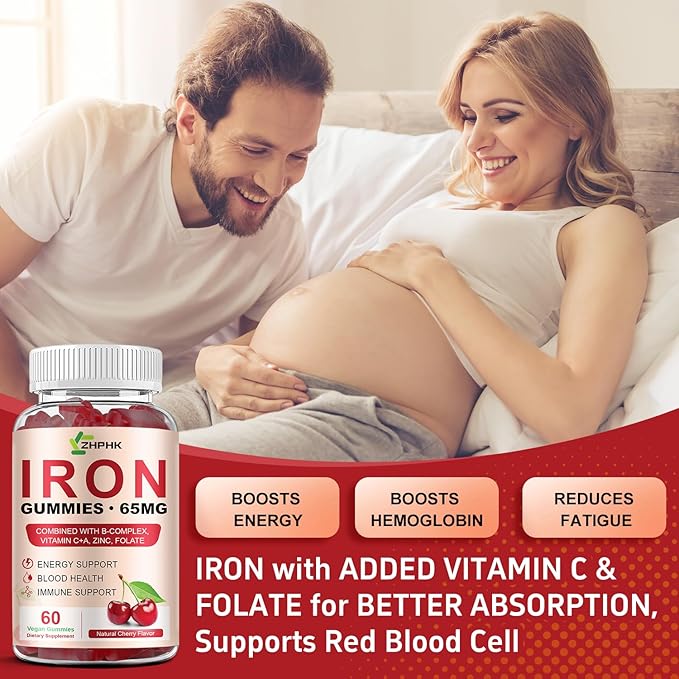 Iron Gummies Supplement for Women, Men & Kids, Iron 65mg with 250mg Vitamin C B6 B12 Folate Healthy Blood, Energy & Immune Support Gentle on Stomach Ferrous Fumarate, 120 Count
