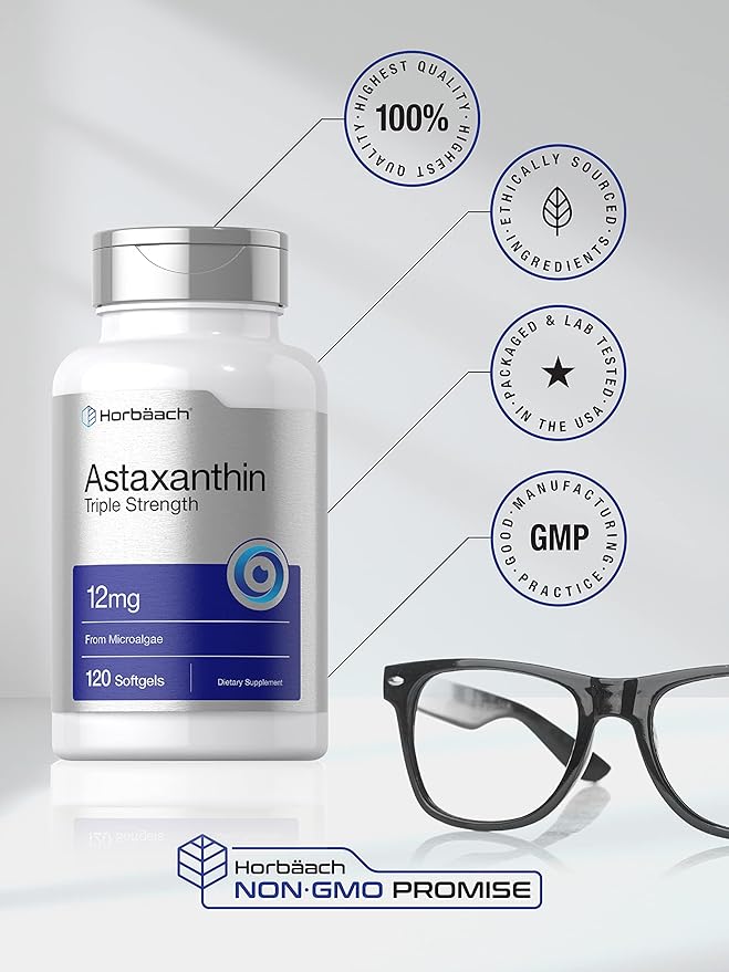 Horbäach Astaxanthin Supplement | 12mg | 120 Softgels | Triple Strength | from Microalgae | Non-GMO & Gluten Free