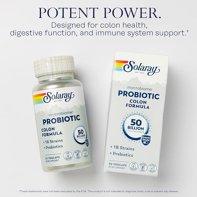SOLARAY Mycrobiome Probiotic Colon Formula, Vegan, Digestive Function, Colon Health, and Immune System Support, 50 Billion CFU, 18 Strains, Prebiotic Inulin, 60-Day Guarantee, 30 Servings, 30 VegCaps