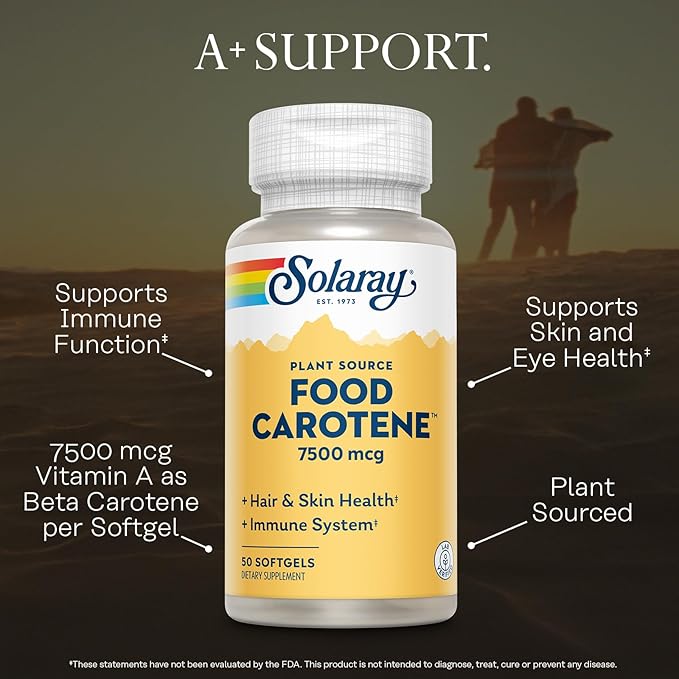 SOLARAY Food Carotene 7500mcg (25000 IU) - Beta Carotene Vitamin A Supplement - Wellness and Immune Support Supplement, Potent Eye Vitamins and Skin Food, Plant Sourced, 60-Day Guarantee, 50 Softgels