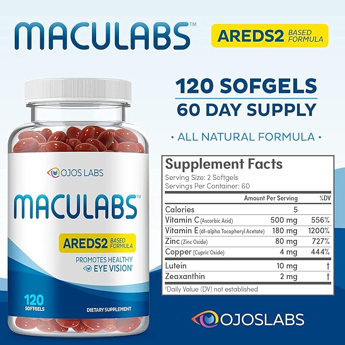Eye Vitamins - AREDS 2 Based Formula - Eye Vitamin with Lutein & Zeaxanthin for Macular Health - Vision Supplements for Adults - 120 Softgels Support & Care for Eyes - Made in USA