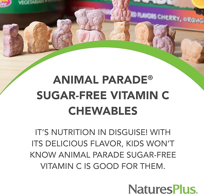 NaturesPlus Animal Parade Sugar-Free Children's Vitamin C, Natural Orange Juice Flavor - 90 Chewable Animal Shaped Tablets - Immune Support - Gluten Free - 45 Servings