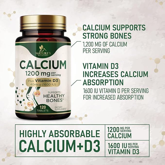 Calcium 1200 mg with Vitamin D3 Per Serving - Bone Health Supplement, Vitamin D & Calcium Supplements for Women & Men - Bone, Teeth & Immune Support, Nature's Calcium Pills, USA Bottled - 120 Tablets