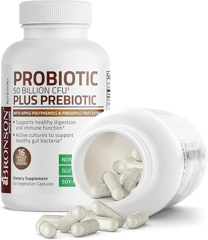 Bronson Probiotic 50 Billion CFU + Prebiotic with Apple Polyphenols & Pineapple Fruit Extract for Women & Men Non-GMO, 60 Vegetarian Capsules