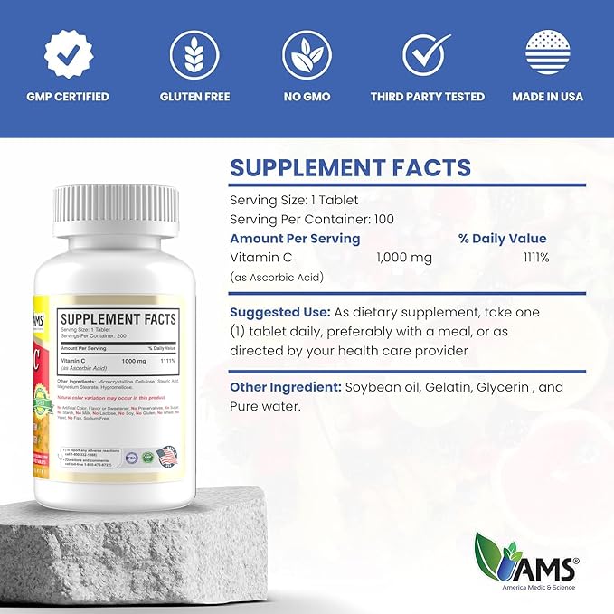 America Medic & Science Rapid-C 1000mg Vitamin C Supplement (1 Pack of 200 Tablets) Energy Booster, Daily Immune System Support, Antioxidant | Vegan, Non-GMO Coated Ascorbic Acid for Adult Men & Women
