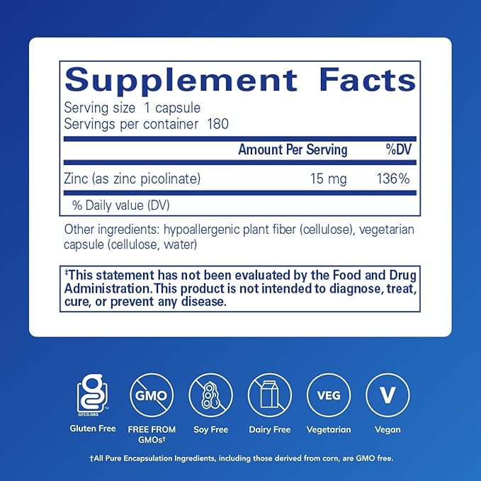 Pure Encapsulations Zinc 15 mg - Zinc Picolinate Supplement for Immune System Support, Growth & Development - for Wound Healing - 180 Capsules