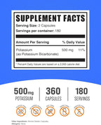 BulkSupplements.com Potassium Bicarbonate Capsules - Potassium Bicarbonate Supplement, 500mg of Potassium - Essential & Gluten Free, 2 Capsules per Serving, 360 Capsules (Pack of 1)