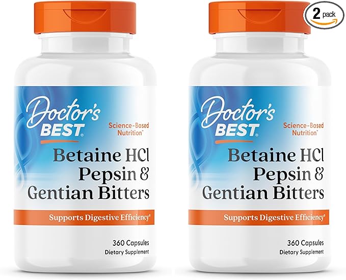 Doctor's BEST Betaine HCI Pepsin & Gentian Bitters,Digestive Enzymes for Protein Breakdown & Absorption,Non-GMO,Gluten Free,360 Count (Pack of 2)