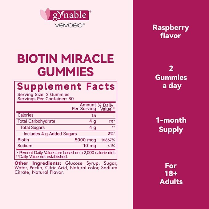 Hair Skin and Nails Vitamins: Biotin Gummies - 5000mcg Biotin for Hair Growth and Stronger Nails for Women & Men - Vegan Gummy Vitamin B7, 30 Days Supply, Raspberry,60 Counts