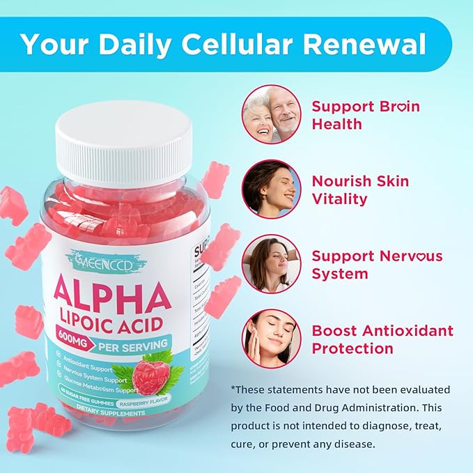 2 Pack Alpha Lipoic Acid Gummies 600mg - ALA Supplement for Antioxidant Support, Vegan, Sugar-Free, Raspberry Flavor, 120 Count