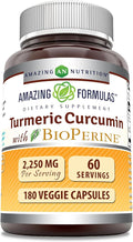 Amazing Formulas Turmeric Curcumin with Bioperine Supplement | 2250 Mg per Serving | Veggie Capsules | Non-GMO | Gluten-Free | Made in USA (1 Pack, 180 Count)