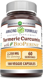 Amazing Formulas Turmeric Curcumin with Bioperine Supplement | 2250 Mg per Serving | Veggie Capsules | Non-GMO | Gluten-Free | Made in USA (1 Pack, 180 Count)