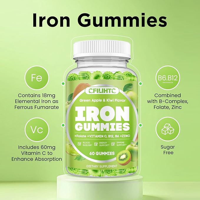 Center-Filled Iron Gummies for Adults & Kids - Iron Supplement with Vitamin B6, B12, C, Zinc, Folate - Support Women Iron Deficiency, Anemia, Blood Builder - Sugar Free Vegan 60ct Apple & Kiwi Flavor
