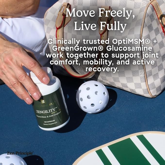 Zen Principle Zengility™ Joint Support & Bone Strength Supplement – Fast-Acting Relief with MSM, Plant Calcium, Vitamin K2 & D3. Shellfish-Free Vegan Formula for Mobility & Comfort. 120 Capsules