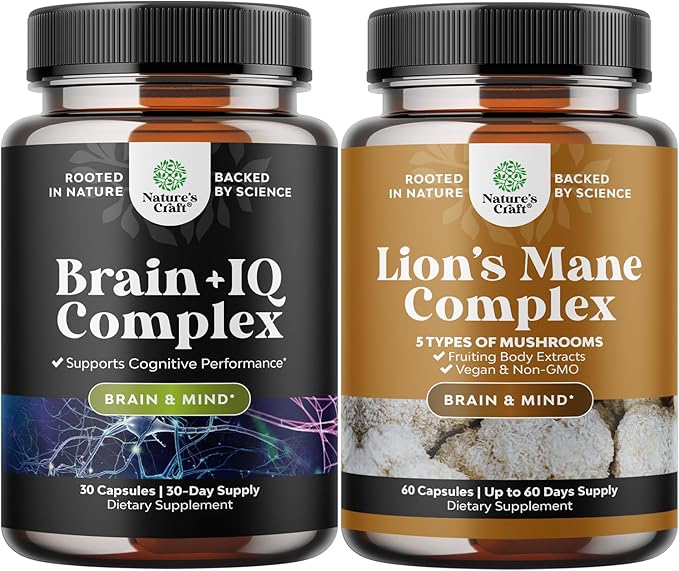 Bundle of Nootropic Memory Supplement with Vitamin B 12 Bacopa Monnieri Rhodiola Rosea DMAE Ginkgo Biloba and Advanced Lion's Mane Mushroom Supplement - Reishi Chaga Maitake Shiitake for Brain Support
