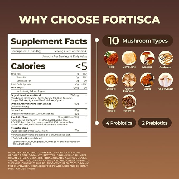 10 Kinds Mushroom Coffee with Probiotic(Lion's Mane, Cordyceps, Turkey Tail & Other), Ashwagandha Instant Coffee Mushroom Supplement for Better Energy, Gut Health 210g 7.41oz
