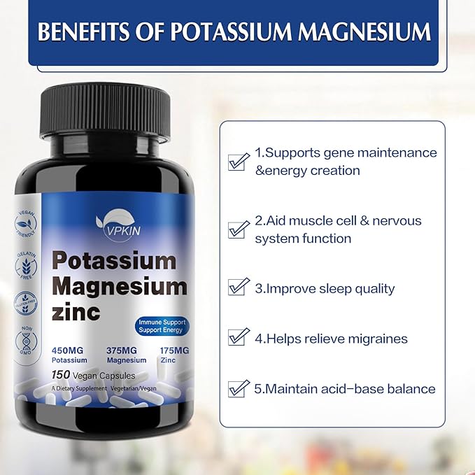 Potassium Magnesium Supplement 1000mg, Magnesium Potassium Zinc Aspartate,Non-GMO, Vegan, (150 Capsules)
