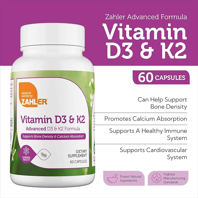 Zahler Vitamin D3 & K2 Advanced D3 & K2 Formula Supports Bone Density & Calcium Absorption, 60 Capsules.