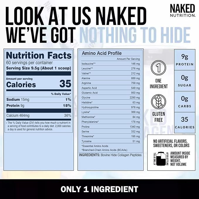 NAKED Collagen Peptides Protein Powder, 60 Servings, Pasture-Raised, Unflavored Grass-Fed Hydrolyzed Collagen Supplement, NSF Certified, Paleo Friendly, Non-GMO, Keto, Gluten Free, 20oz