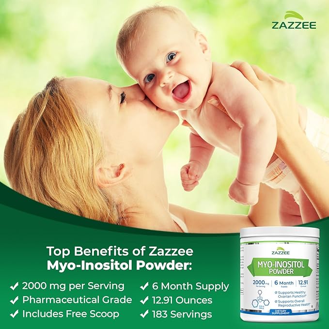 Zazzee Myo-Inositol Powder, 6 Month Supply, 183 Servings, 2000 mg per Serving, Free Scoop for Exact Dosage, 12.91 Ounces, Certified Kosher, 100% Pure, Fertility & Reproductive Support, Made in the USA