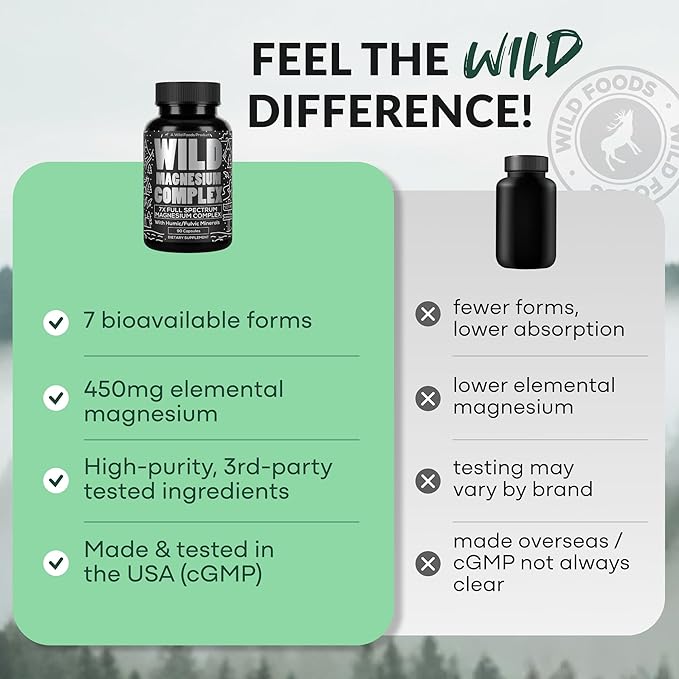 Wild Foods Magnesium Complex Supplement with 7X Forms | High Absorption, Full Spectrum, Easy Digestion | 500mg Glycinate, Bisglycinate, Malate, Orotate, Citrate, Taurate | 90 Capsule (Pack of 3)
