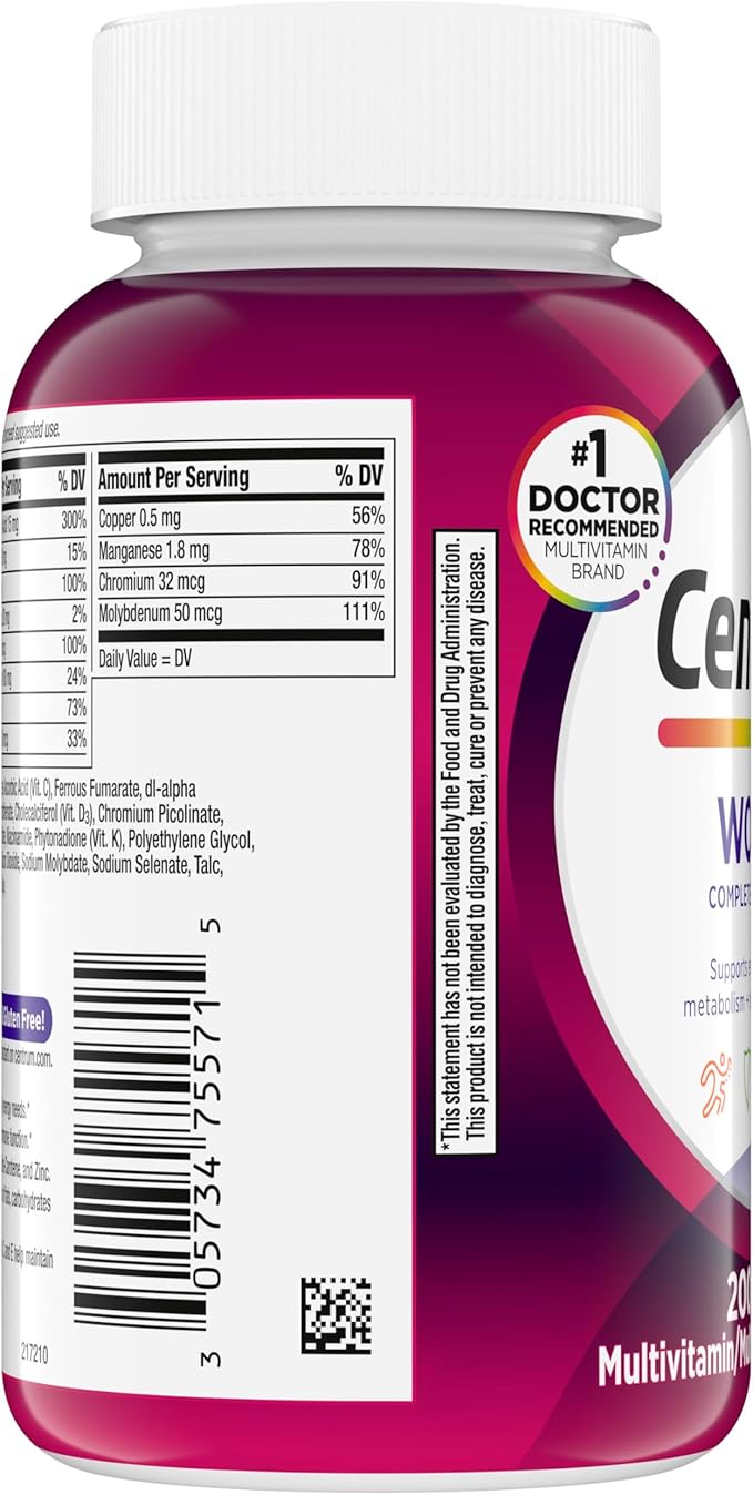 Centrum Multivitamin Tablet for Women, Multivitamin/Multimineral Supplement with Iron, Vitamin D3, B Vitamins and Antioxidant Vitamins C and E, Gluten Free, Non-GMO Ingredients - 200 Count