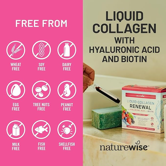 NatureWise Hydrolyzed Liquid Collagen for Women & Men 4000mg - High Absorption, Type 1 & 3 Peptides with Biotin + Vitamin C + Vitamin B Complex & Hyaluronic Acid -Mixed Berry - 30 Tubes[30 Day Supply]
