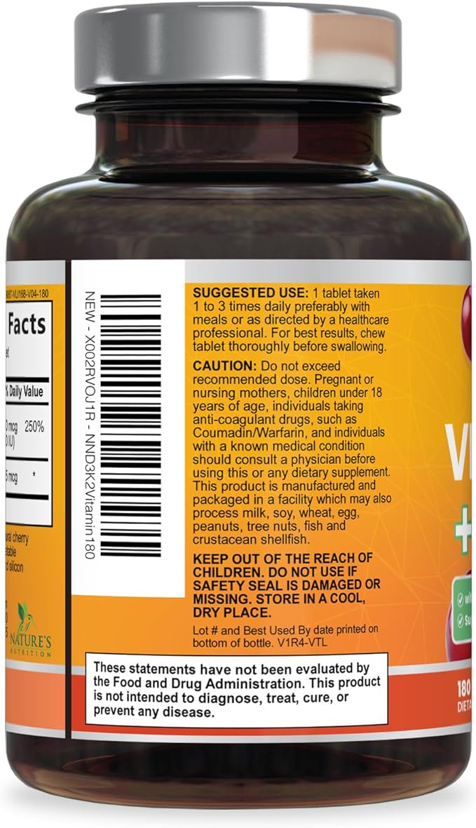 Vitamin D 2000 IU 50mcg Per Tablet - Vitamins D3 & K2 (MK7) Complex Supplement for Bone, Teeth, Muscle, Calcium Absorption, Supports Immune & Heart Health, Chewable Formula USA Bottled - 180 Tablets