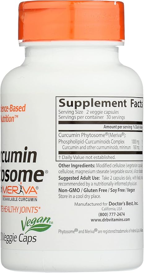 Doctor's Best Curcumin Phytosome with Meriva, Non-GMO, Vegan, 60 Veggie Capsule (Pack of 1)