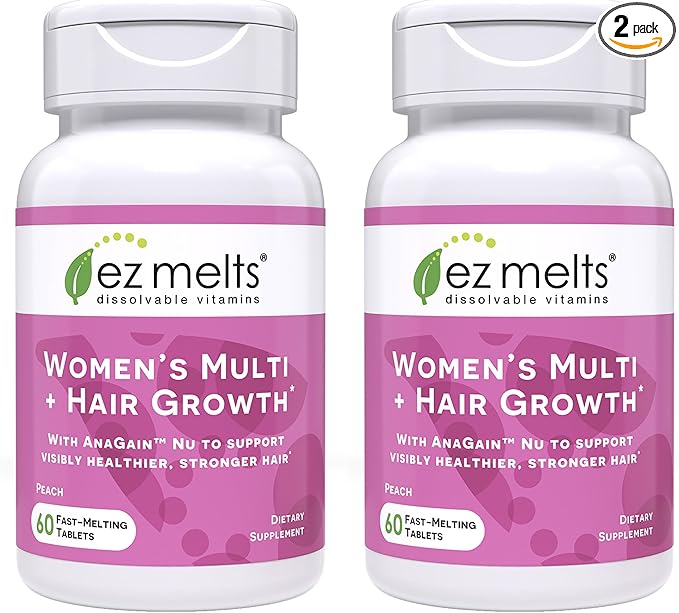 EZ Melts Women's Multi + Hair Growth - Daily Multivitamin for Women - Supports Healthy Energy Levels & Reduced Hair Shedding - Non-GMO & Vegan - Peach - 120 Dissolvable Tablets (60 Servings)