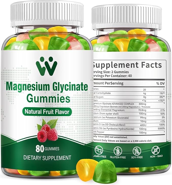 Magnesium Glycinate Gummies for Adults - Sugar Free Magnesium Potassium Supplement for Calm Mood, Muscle, Bone & Energy Support, 80 Gummies