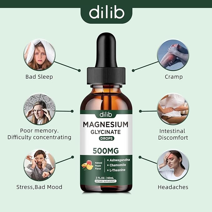 Magnesium Glycinate Liquid Drops Supplement, with Magnesium Glycinate 500mg Ashwagandha, L - Theanine, Chamomile -Support Stress Relief, Bone, Muscle, Mood Peach Flavor