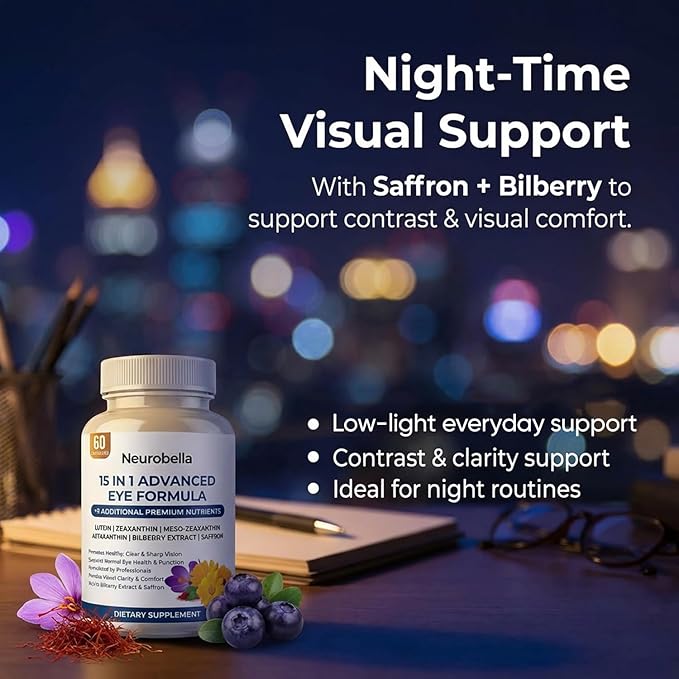Neurobella Eye Formula - Neurobella 15 in 1 Advanced Eye Formula with All 3 Carotenoids, Lutein & Zeaxanthin, Bilberry Extract and Saffron, 60 Capsules