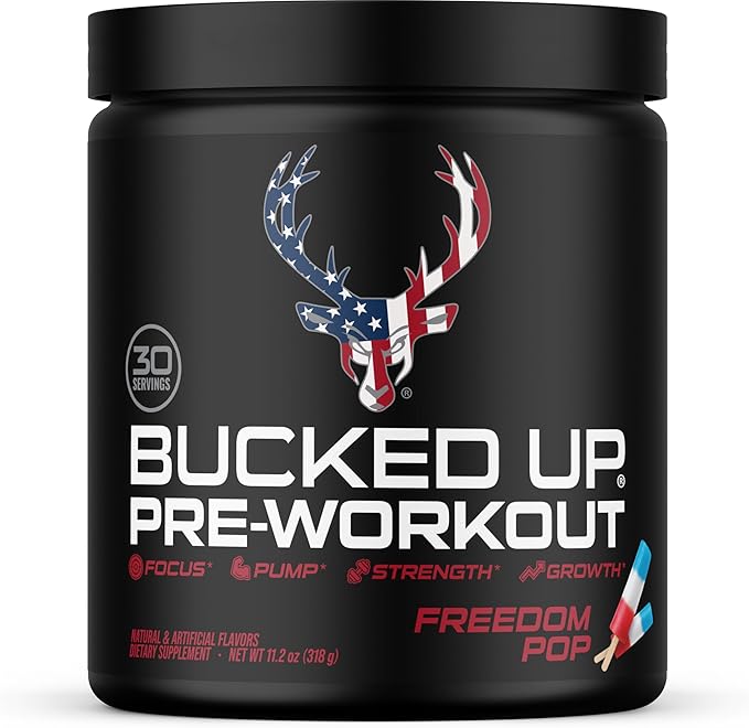 Bucked Up Pre Workout Freedom Pop | 200mg Caffeine with Citrulline Malate Beta Alanine AlphaSize and Taurine | Pre Workout Powder (30 Servings)