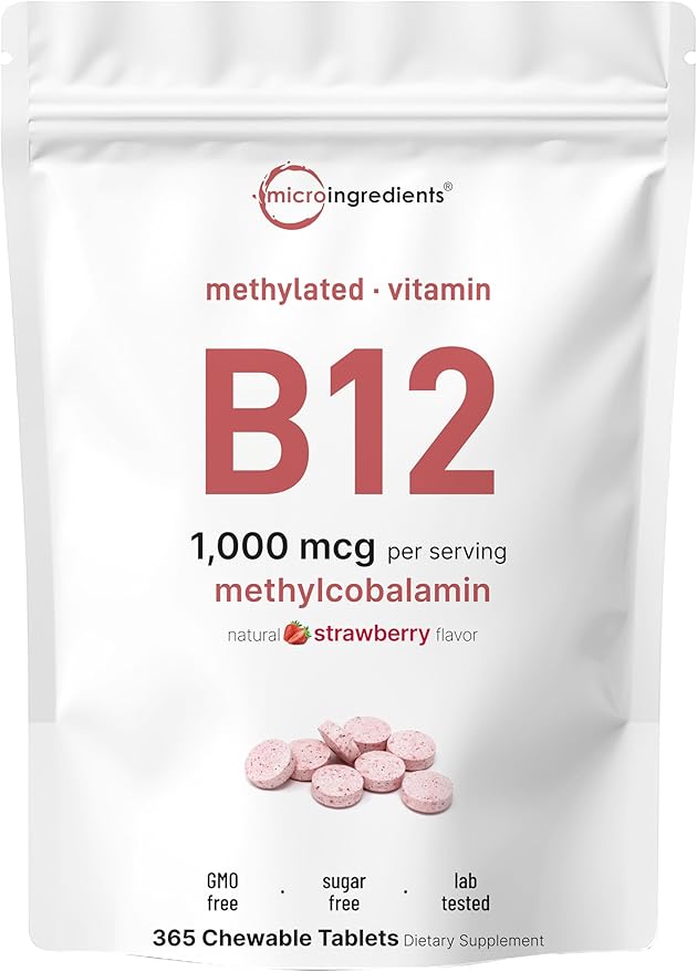 Micro Ingredients Vitamin B12 1,000 mcg | Methylcobalamin – 365 Chewable Tablets | Fast Dissolve, Natural Strawberry Flavor | Supports Energy & Metabolism Health | Vegan, Non-GMO, Gluten Free