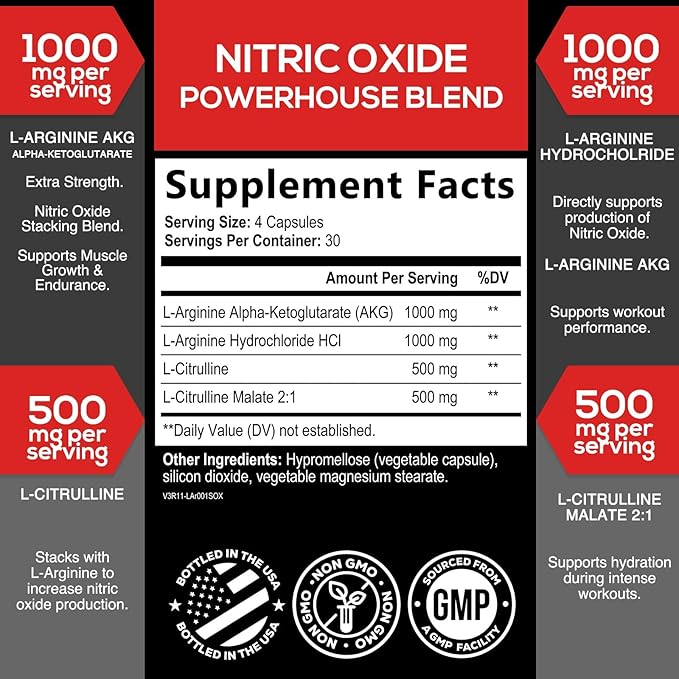 Extra Strength Nitric Oxide Booster - 3X Strength L-Arginine AKG & Citrulline Malate - Men & Women Premium Pre Workout Nitric Booster - Natural Energy & Muscle Support, Bottled in USA - 120 Capsules