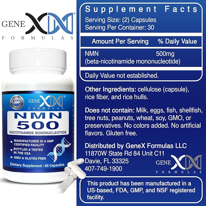 Genex Formulas NMN 500mg - 99% Pure Shelf Stabilized Supplement Capsules for Increased NAD Levels & Healthy Aging, GMP Certified, 500mg per Serving, 60 Capsules