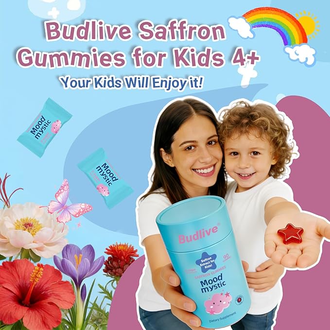 Saffron Gummies for Kids - Saffron Extract Supplement with GABA, Calms Temper Tantrums, Supports Happy Mood & Cognition, Focus Calm Gummies for Kids 4+, Sugar Free Strawberry, 90 Counts
