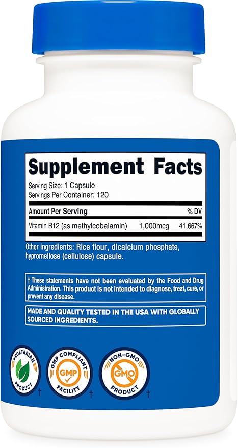 Nutricost Vitamin B12 (Methylcobalamin) 1000mcg, 120 Capsules - Vegetarian, Non-GMO & Gluten Free B12 Supplement