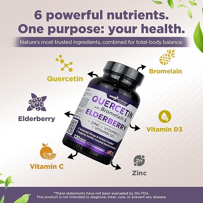 Gade Nutrition Quercetin with Bromelain & Elderberry | Quercetin with Vitamin C and Zinc | Zinc Quercetin 500mg with Vitamin D3 | Daily Immune Support Supplement - 6 Months Supply